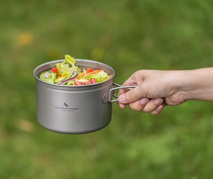 iBasingo Titanium Pot Pan Set with Folding Handle - Ultralight Portable Outdoor Cookware Mess Kit