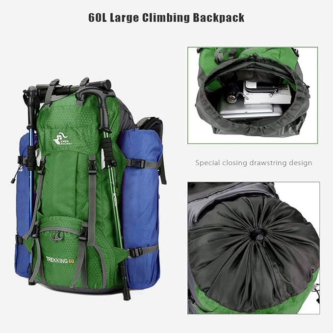 Bseash 60L Waterproof Hiking Camping Backpack with Rain Cover, Large Outdoor Sport Travel Daypack