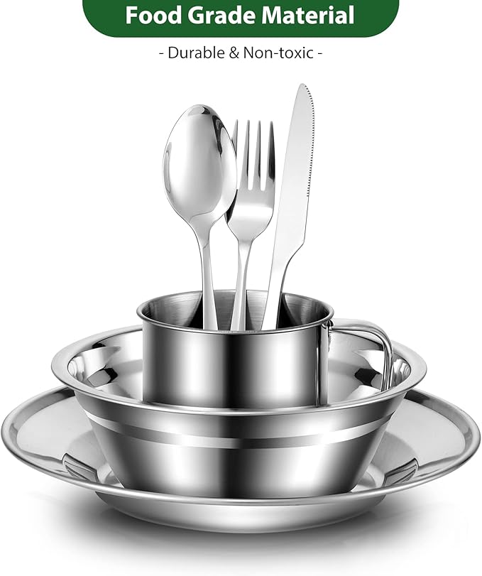 Odoland 29pcs Stainless Steel Utensils Camping Tableware Kit with Bowls Plates Cups Forks Spoons