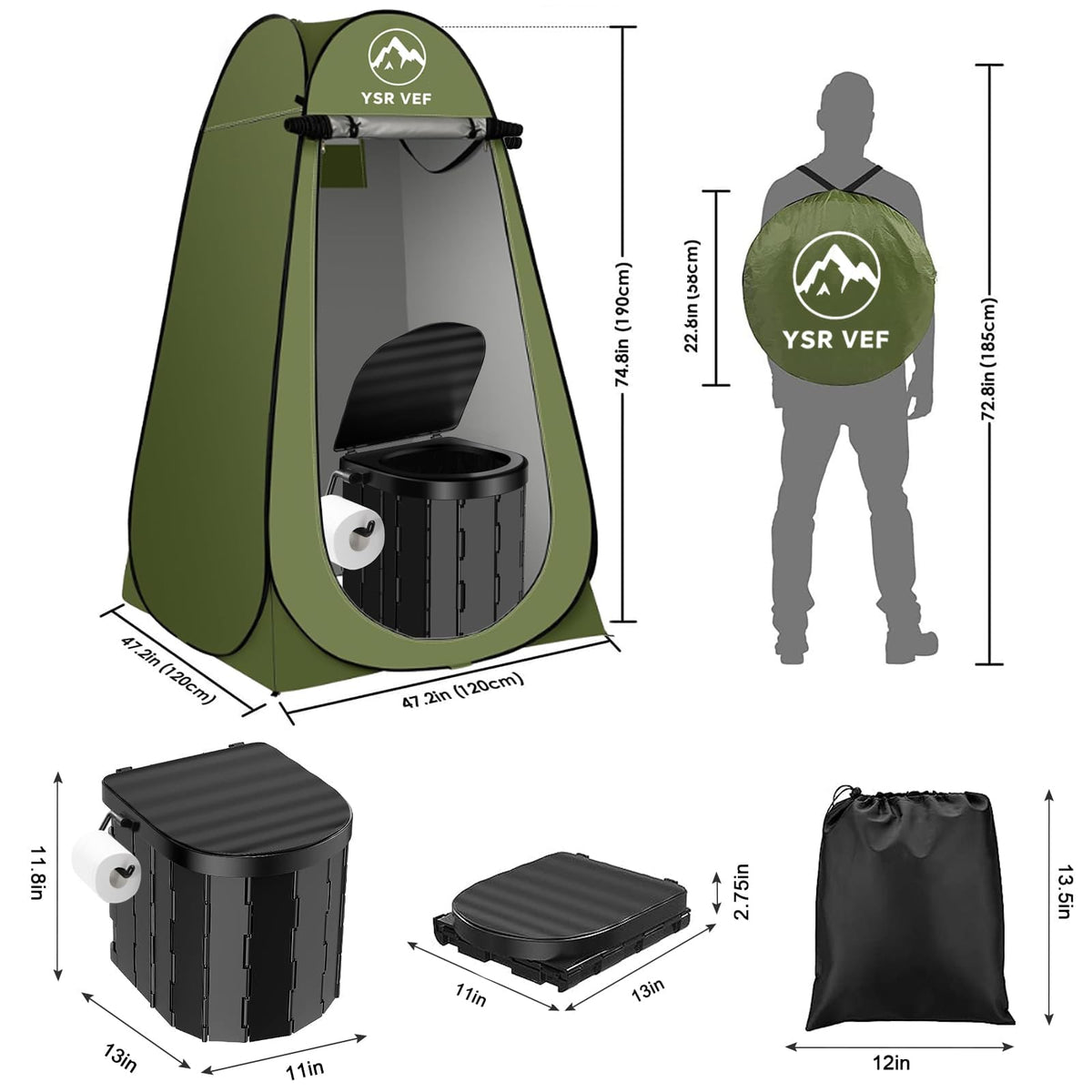 Portable Camping Toilet Kit with Pop-Up Privacy Tent, Washable Outdoor Shower and Changing Room