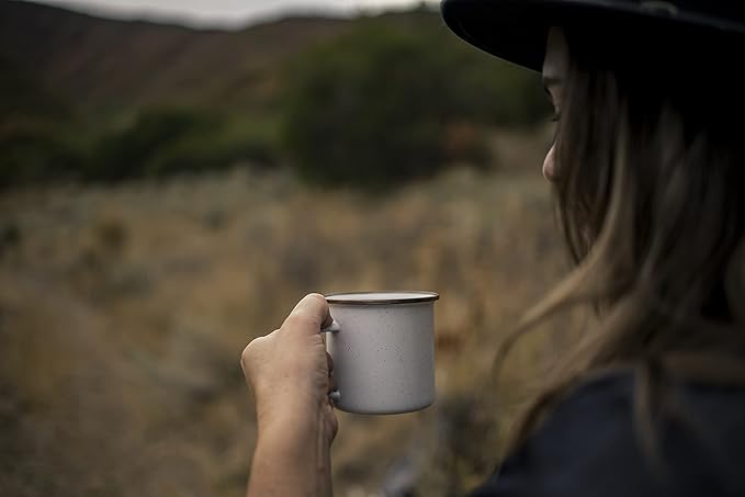 Barebones Enamel Cup Set- Enamel Coffee Mugs Set of 2 16-oz - Stainless Steel Rim Camping Mug for