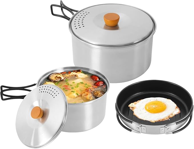 Portable Camping Cookware Set, 304 Stainless Steel Outdoor Camping Cooking Pots and Pans with
