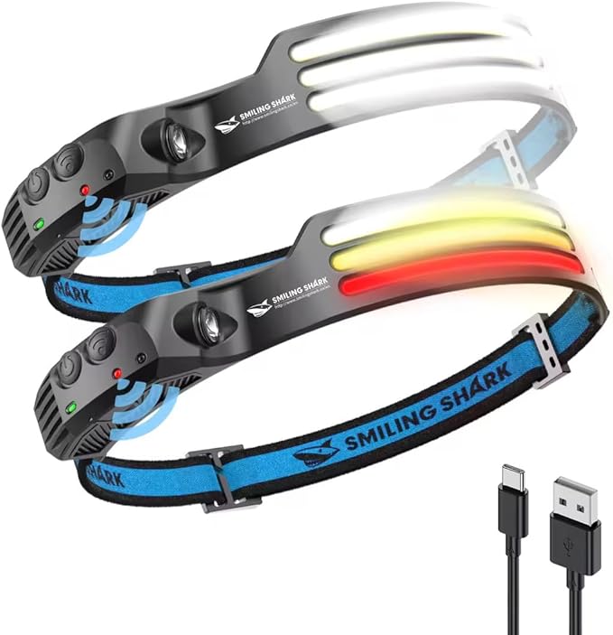 Smiling Shark LED Headlamps, 230°Wide Angle 3*Multi-Color Light Strips 2 Packs Head Lamp