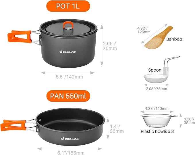 Odoland 9pcs Camping Cookware Non-Stick Lightweight Pots and Pans Set with Plastic Bowls Soup Spoon