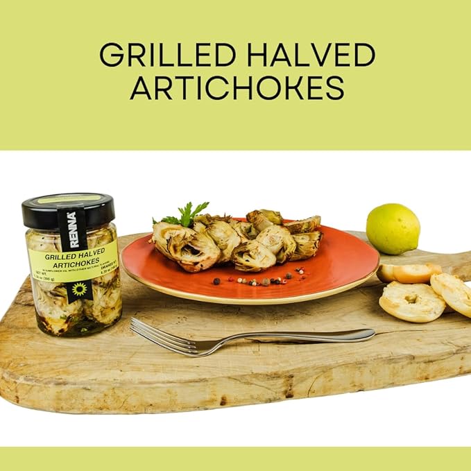 Renna, Grilled Roasted Halved Artichokes preserved in oil, 10.58 oz, Heart, Mediterranean flavor