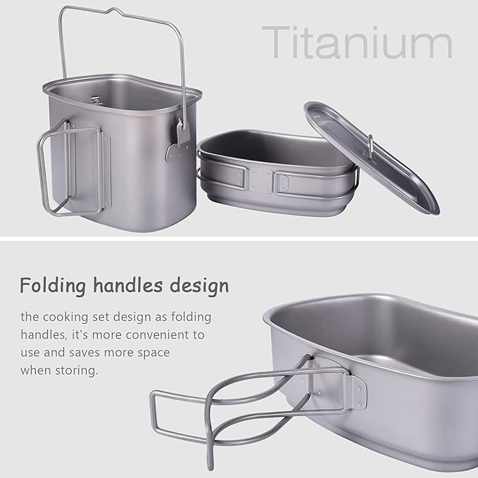 Boundless Voyage Titanium Mess Kit Hanging Pot Cup with Lid Folding Handles Outdoor Camping Cooking