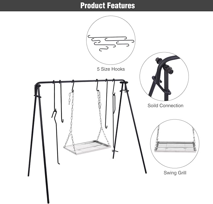 Lineslife Grill Swing Campfire Cooking Stand with Adjusatble Stainless Steel Grill Grate