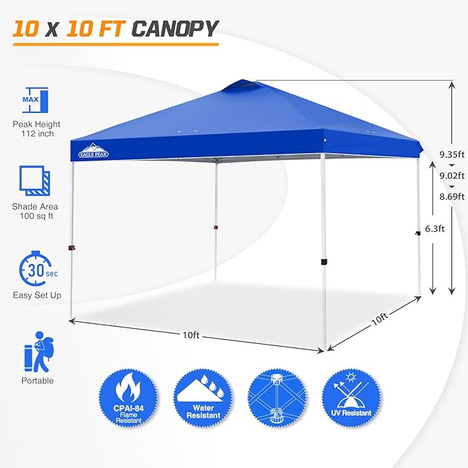 EAGLE PEAK Pop Up Canopy Tent with Wheeled Carry Bag, 8 Stakes, 4 Ropes, 4 Weight Bags, Easy Set Up