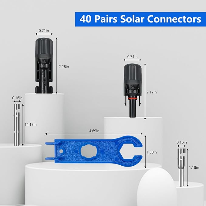 80PCS Solar Connectors, 40 Pairs IP67 Waterproof Solar Panel Connectors with 2 Spanners, Suitable