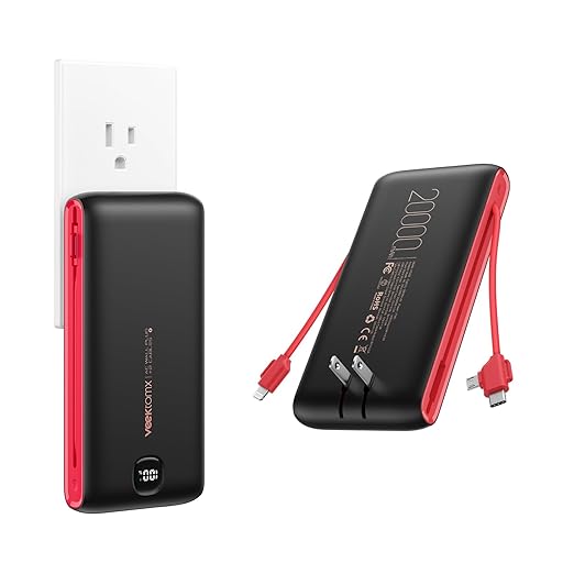 VEEKTOMX Portable Charger with Built in Cables 20000mAh, Power Bank for iPhone with AC Wall Plug