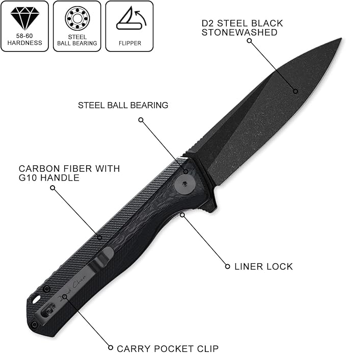 Petrified fish PF818,3.54" D2 Blade,104g G10 Handle Flipper Folding knife (Carbon fiber with G10