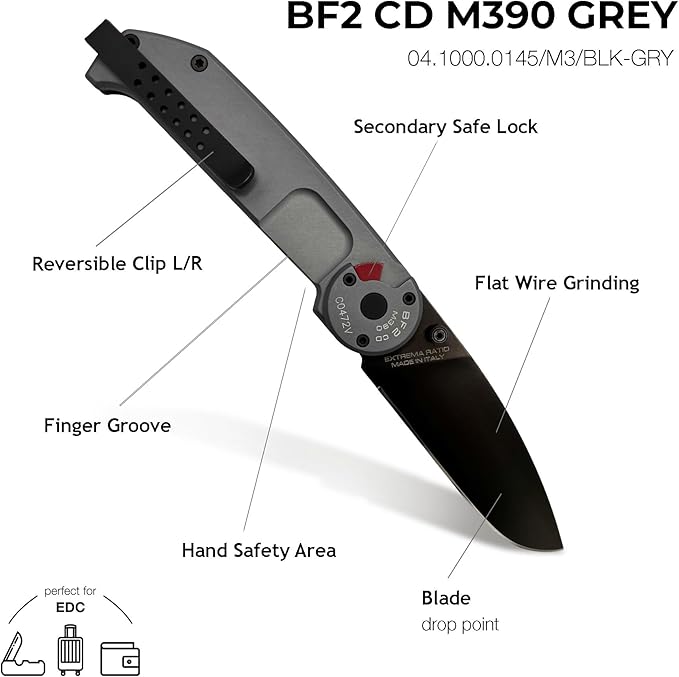 Extrema Ratio - BF2 CD M390 (Grey) Folding Knife, M390 steel blade 60 HRC, grey satin finish