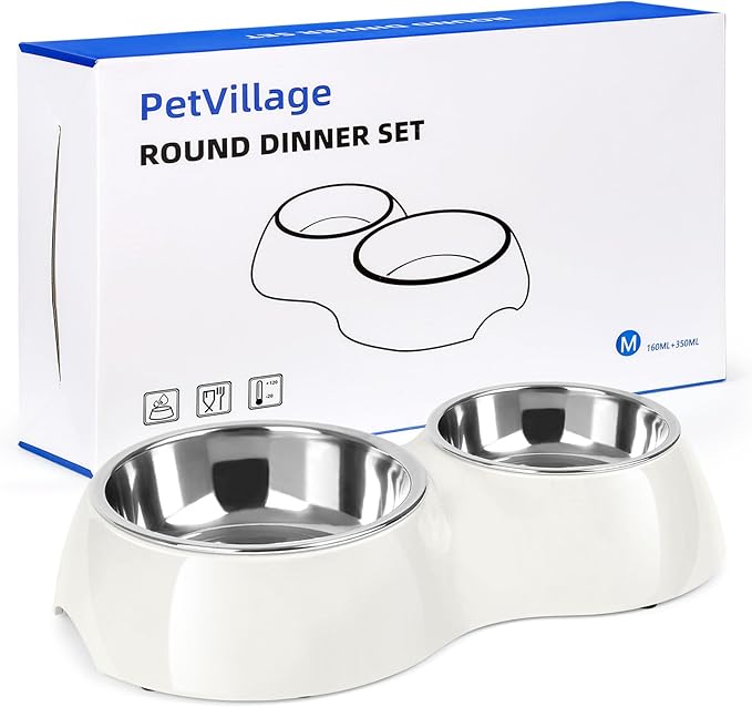 Double Dog Bowls Set ??Non-Slip Pet Food & Water Dishes with Resin Stand, Includes Small (1 Cup) &