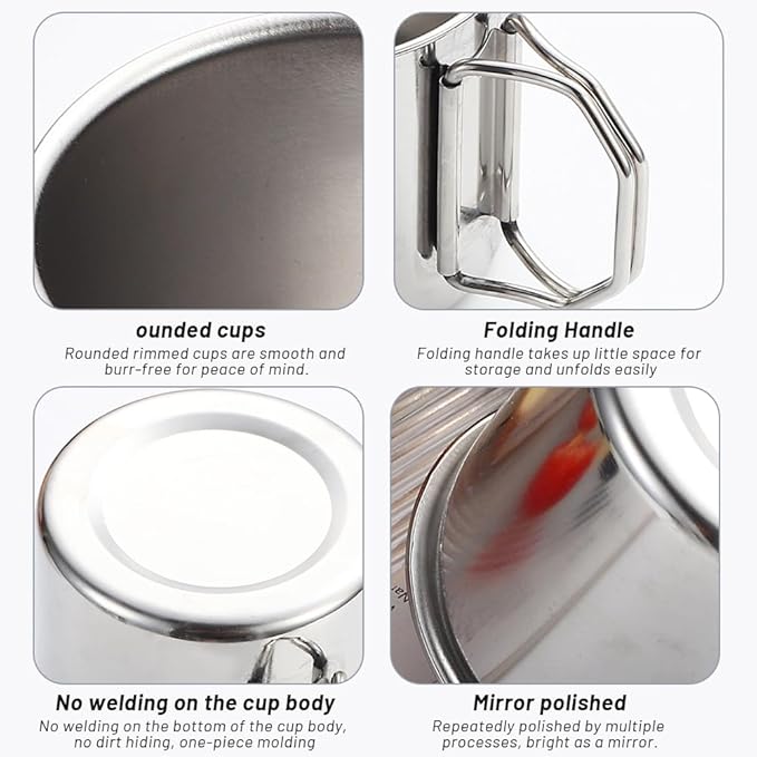 Stainless Camping Cup, 350ml Stainless Steel Camping Cup with Lid and Foldable Handle, High