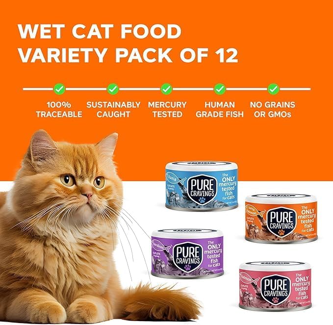 Pure Cravings Wet Cat Food Variety Pack Tuna, Salmon, Sardines, Tuna/Salmon in Gravy, 100%