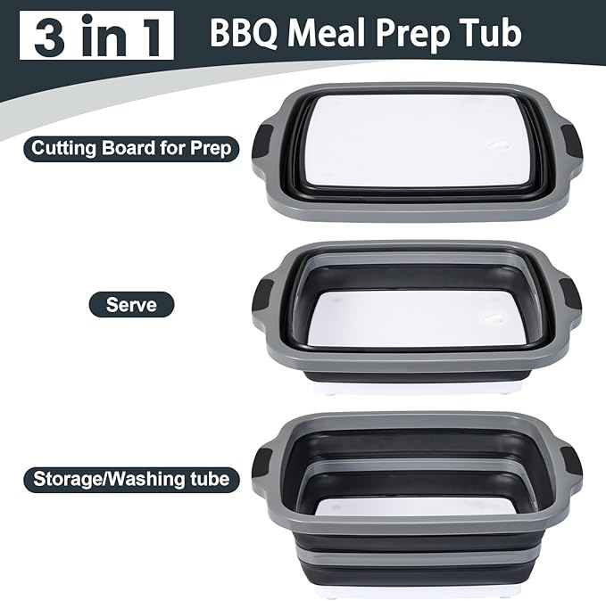 Collapsible BBQ Prep Tubs with Lids, Grill Cutting Board, Camping Sink with Drainage Hole for Meal