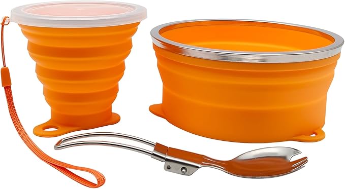 Mess Kit for Camping Silicone Collapsible Bowl Collapsible Cup and Stainless Steel Spoon for