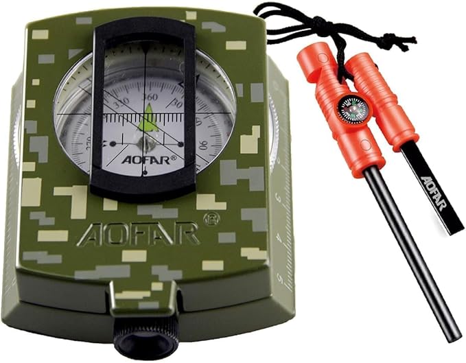 AOFAR Military Compass and Fire Starter AF-4580/381 Lensatic Sighting, Survival Kit,Waterproof and