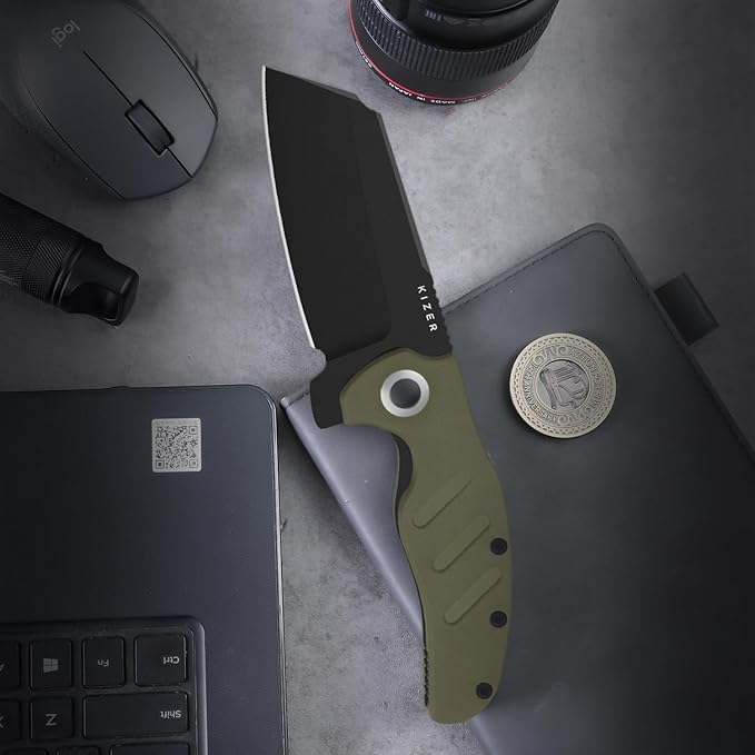 Kizer C01C XL Sheepdog Pocket Knife, 3.9" D2 Sheepsfoot Blade EDC Folding Knife with Green G10