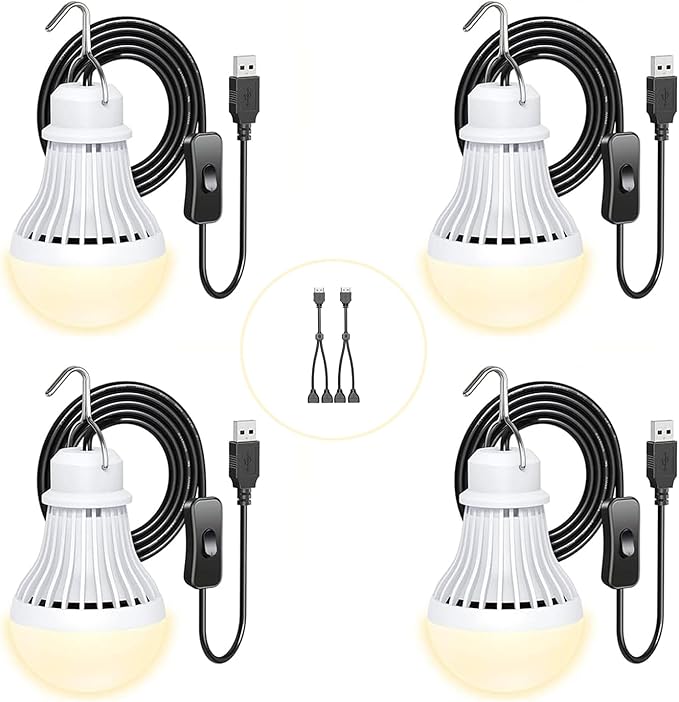 4 Pack USB Light Bulb, USB LED Camping Light Lantern, 8.2 ft Extra Length Cord Tent Light with USB