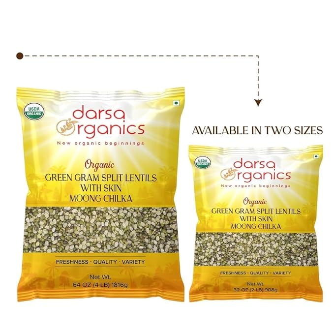 Darsa Organics Mung Split Lentils with Skin, Moong Dal with Skin 2 lb - USDA Organic Green Lentils