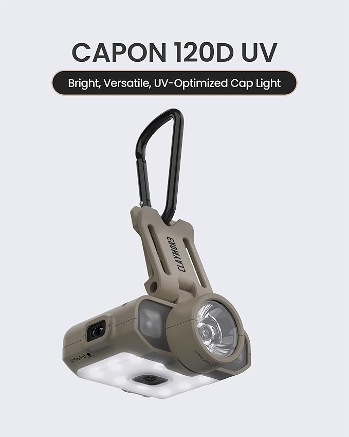 Claymore Capon 120D UV (Tan) - LED Rechargeable Clip-On Cap Headlamp, Lightweight Hat Light for
