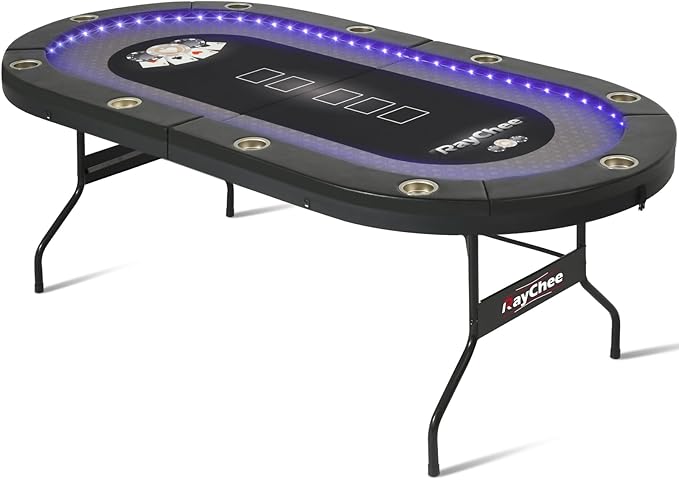 LED Poker Table, 84" 10 Player Foldable Texas Holdem Table w/Inlaid LED Light, 2 USB & 2 Type-c