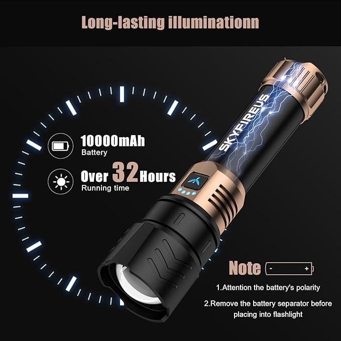 SKYFIRE LED Flashlights High Lumens,10000mAh Super Bright Rechargeable Flashlight,Zoomable,Four