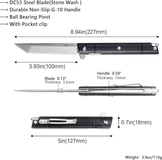 Flipper Pocket Folding Knife,DC53 Steel Blade and G10 Handle. With pocket clip and glass