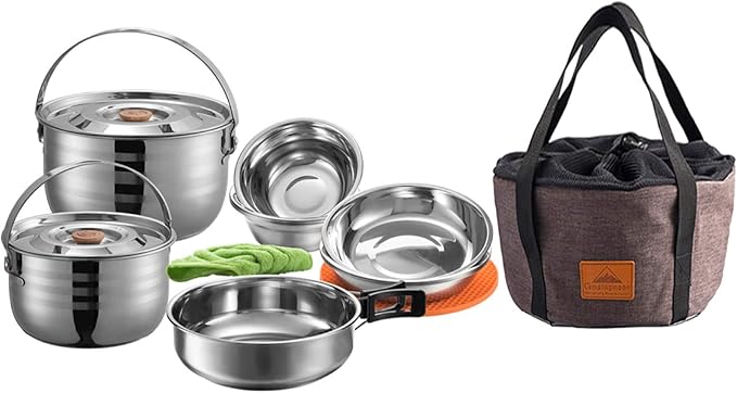 CAMPINGMOON Camping Cookware Set Stainless Steel Outdoor Nesting Cooking Mess Kit Pots Pans Bowls