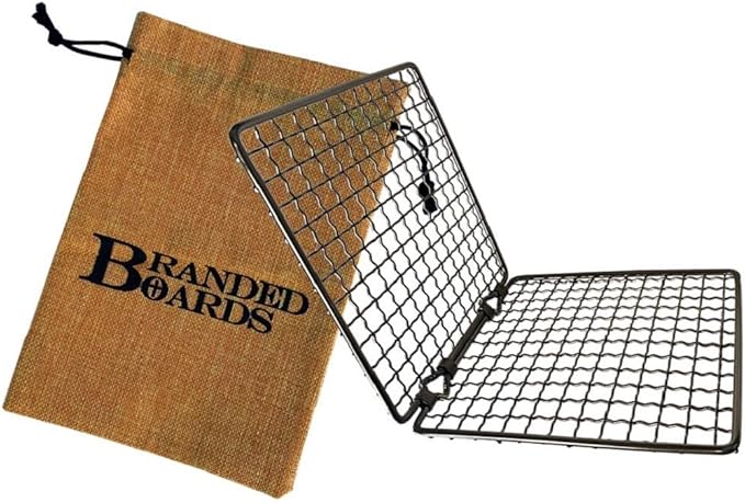 Portable Bushcraft Stainless BBQ Cooking Grill Grate, Bamboo Cutting Board, Burlap Bag, Mini Knife