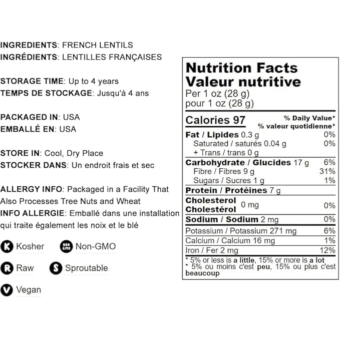 Food to Live French Green Lentils, 20 Pounds ??Whole Dry Beans, Raw, Sproutable, Vegan, Kosher
