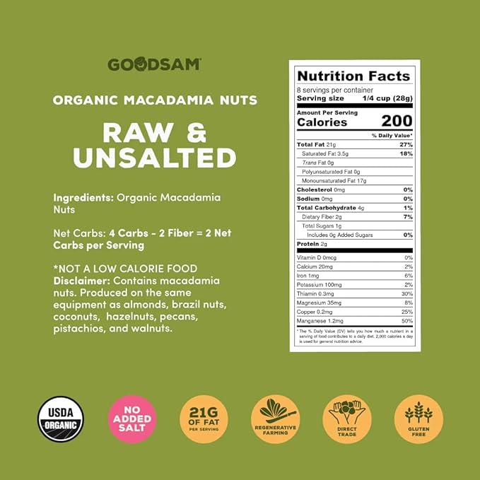 goodSAM Organic Raw Macadamia Nuts ??Unsalted, Whole Nuts ??Buttery Creamy Flavor ??Sustainably