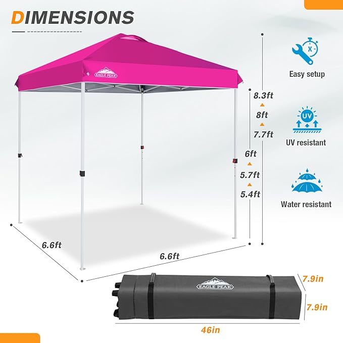 EAGLE PEAK Pop Up Canopy Tent with Wheeled Carry Bag, 8 Stakes, 4 Ropes, Easy Set Up Tent Canopy