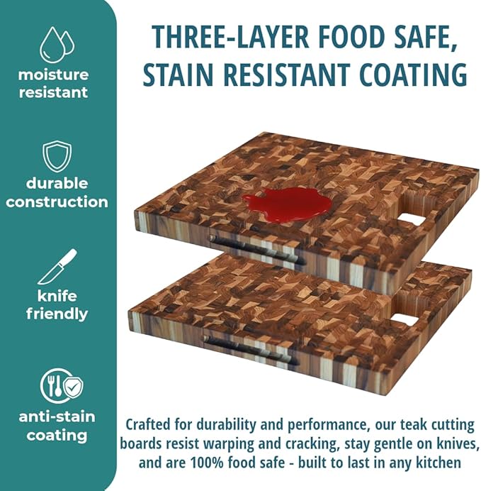 EcoDecors, Teak End Grain Cutting Board 17"x18", FSC Teakwood Butcher Block with Juice Groove