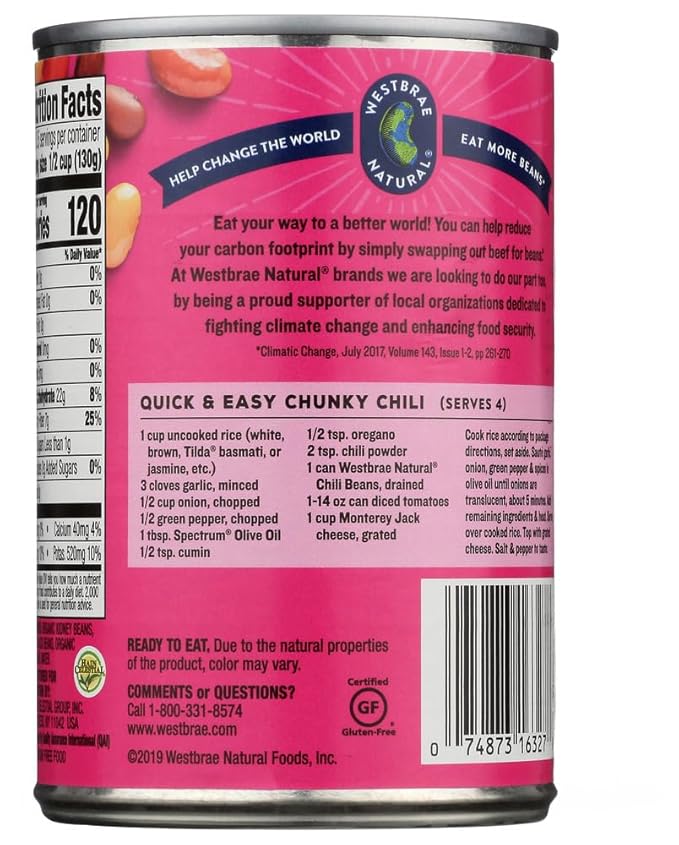 Westbrae Natural Organic Chili Beans, No Salt Added, 15 Oz (Pack of 12)