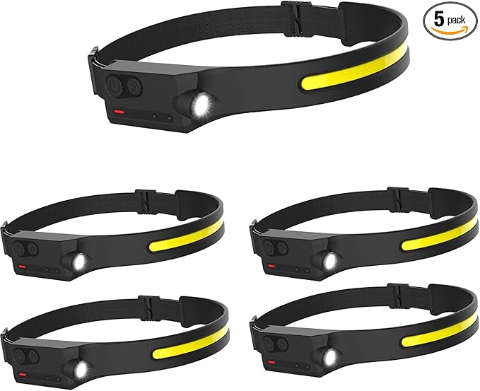 5x Rechargeable Headlamp LED 350 Lumen Bright Head Lamp with Motion Sensor Lightweight USB Head