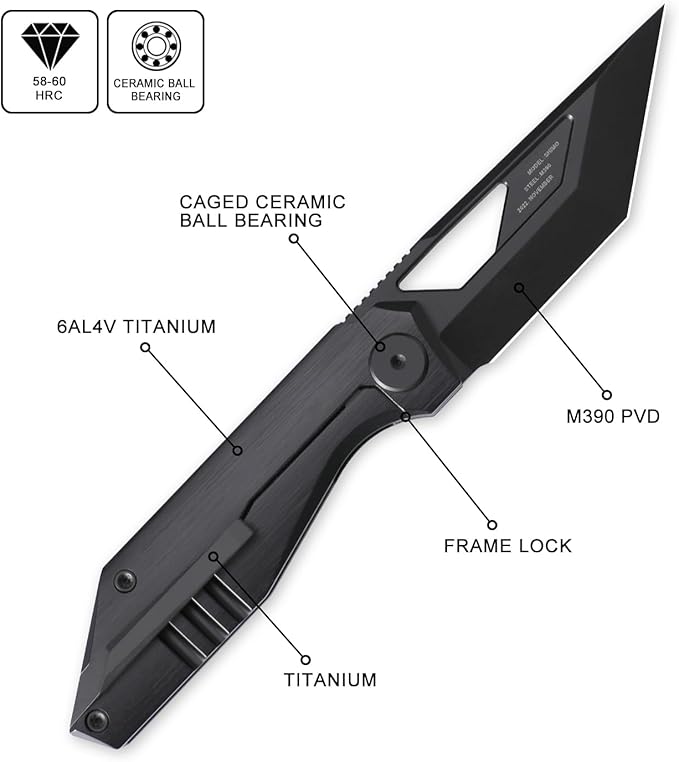 Knife Shimo Folding Knife,2.56" M390 Stonewashed Pocket Knife,3.86" Titanium Handle Frame Lock