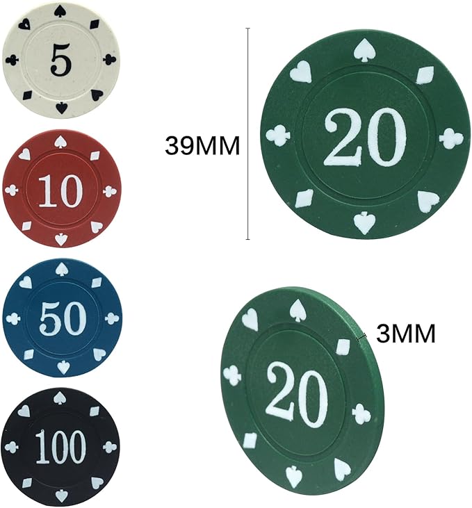 100PCS Poker Chip Set with Portable Storage Bag Professional Grade Casino Style 5 Colours for Texas