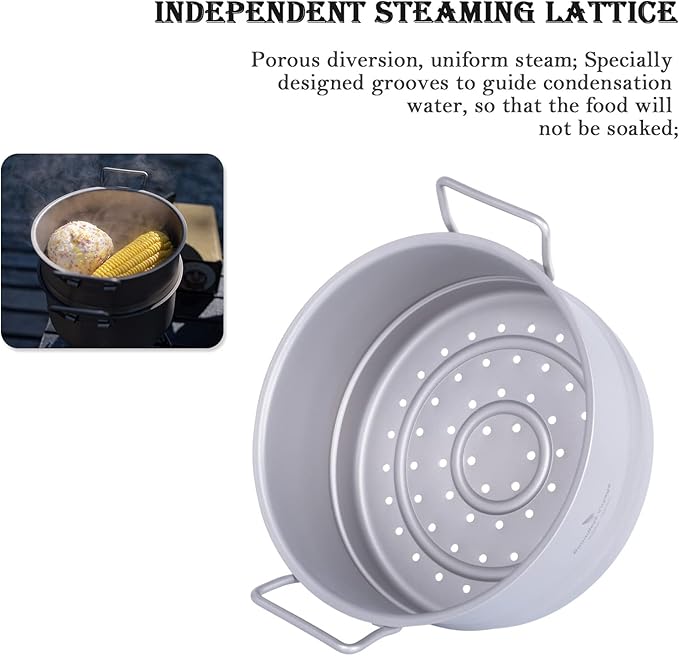 iBasnigo 2.2L Titanium Pot with Steamer Lightweight Portable Cookware Set for Camping Hiking
