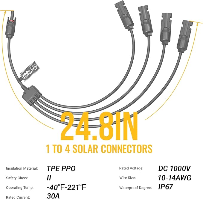 BougeRV Solar Y Branch Connectors Extra Long Solar Panel Parallel Connectors 1 to 4 Solar Cable