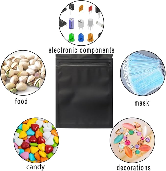 100 Pack Resealable Mylar Bags 7.1 x 10.2 Inch Smell Proof Bags Foil Pouch Flat Bag Matte Black