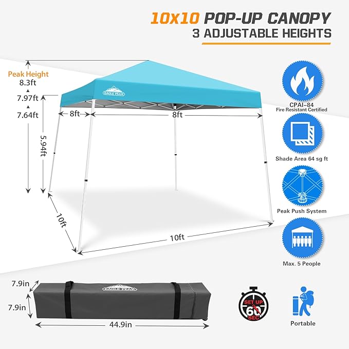 EAGLE PEAK 10x10 Slant Leg Pop-up Canopy Tent Easy One Person Setup Instant Outdoor Beach Canopy
