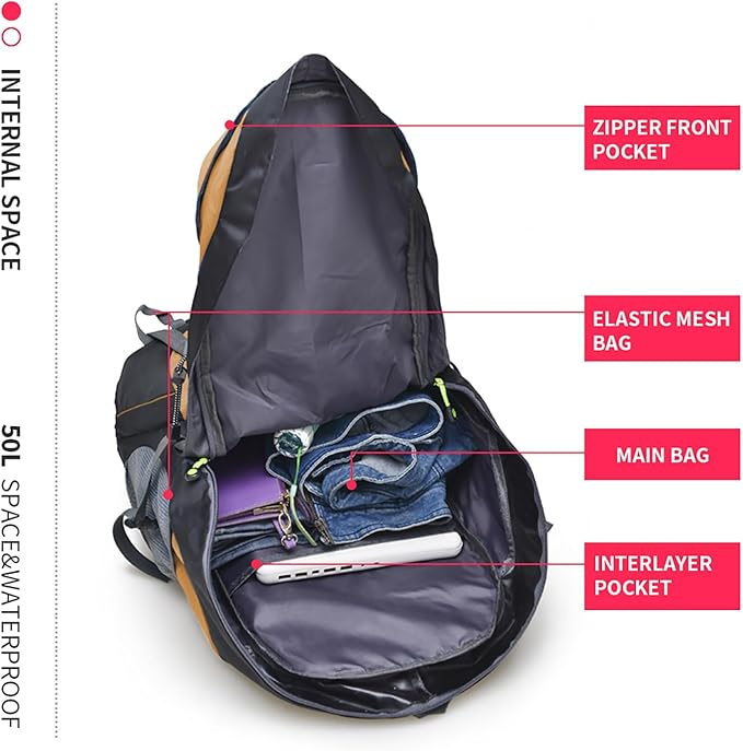 Bseash 50L Hiking Backpack, Water Resistant Lightweight Outdoor Sport Daypack Travel Bag for