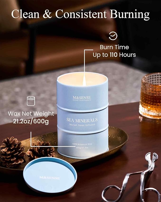 M&SENSE Sea Minerals Scented Candles Ocean Large, Natural Soy Candles 21.2oz 120 Hour Slow