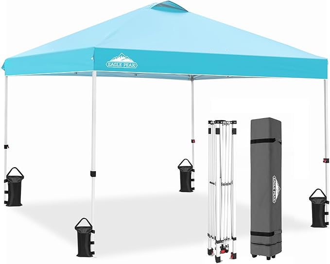 EAGLE PEAK Pop Up Canopy Tent with Wheeled Carry Bag, 8 Stakes, 4 Ropes, 4 Weight Bags, Easy Set Up