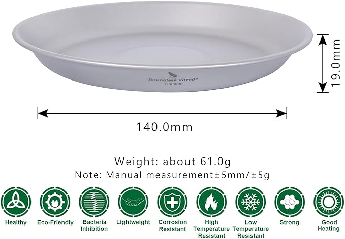 iBasingo Titanium Camping Plates with Mesh Bag - 174mm Ultralight Backpacking Dinnerware for