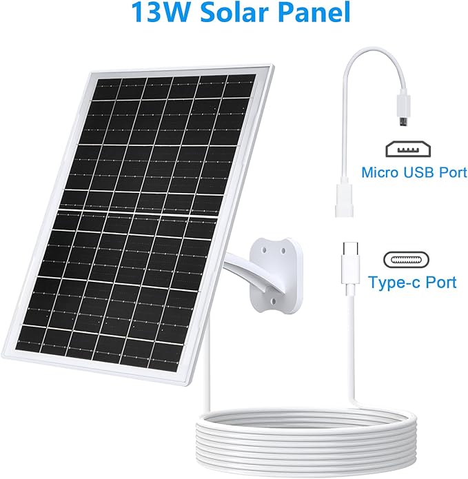 Zivif 13W Solar Panel for Outdoor Security Cameras, USB-C, Micro USB & 5.5x2.1mm DC Output, 360°
