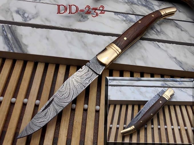 Laguiole Folding Damascus Steel Knife, 8.5" Long with 4" Hand Forged Twist patren Blade. Rose Wood