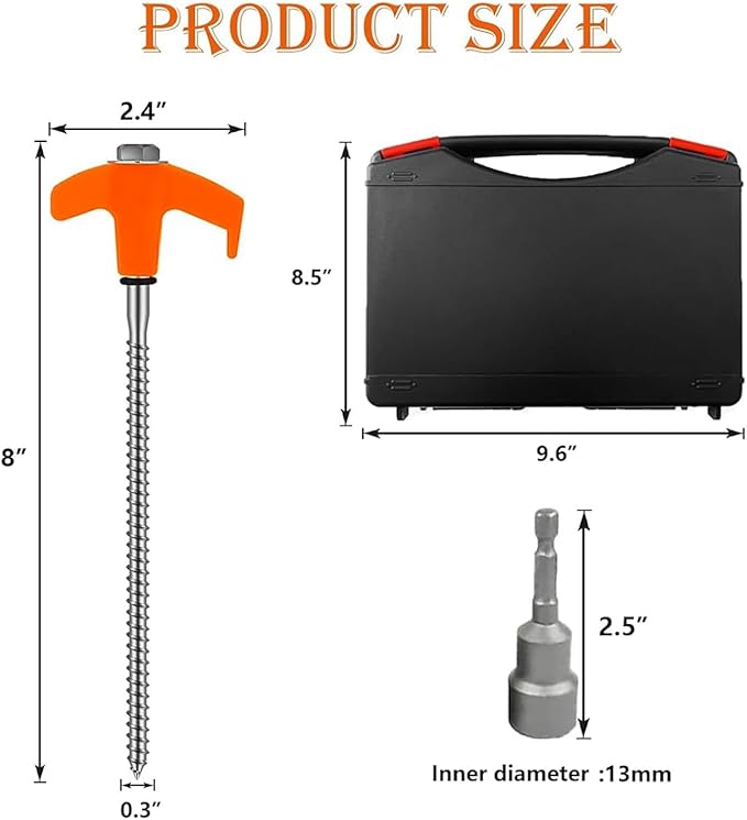 8" Tent Stakes Heavy Duty 12 Pack, Screw in Tent Stakes, Metal Threaded Camping Stakes, Ground